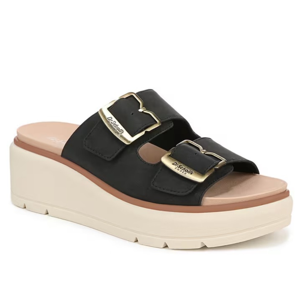 Dr. Scholl's Black and Cream Buckle Sandals